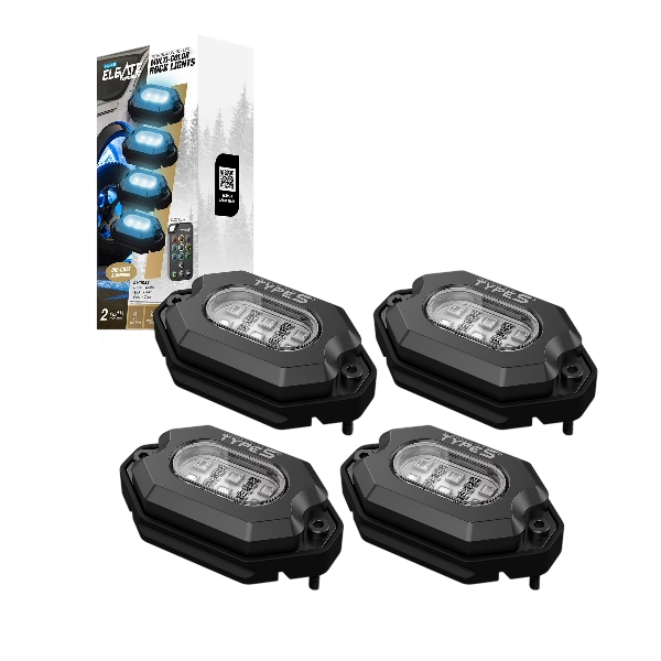 TYPE S - Elevate Remote-Controlled Multicolor LED Rock Lights - 4 Die-cast RGB Rock Lights, 15 Colors, 6 Light Modes, Brightness Control, IP65, Wireless Remote, Truck, Jeep, UTV, ATV, UTV, 4 Pods