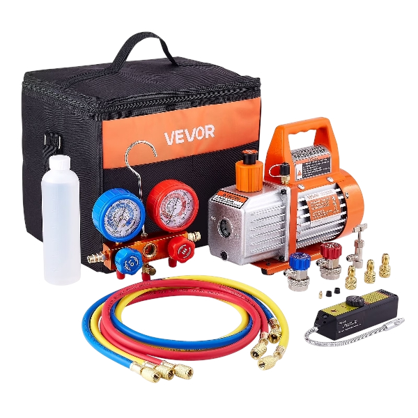 VEVOR 4 CFM AC Vacuum Pump and Gauge Set, 13 HP, Single Stage Rotary Vane HVAC Air Vacuum Pump, AC Refrigerant Manifold Gauge Kit, with Leak Detector, Carry Bag, for R134a R22 R410a Refrigerants